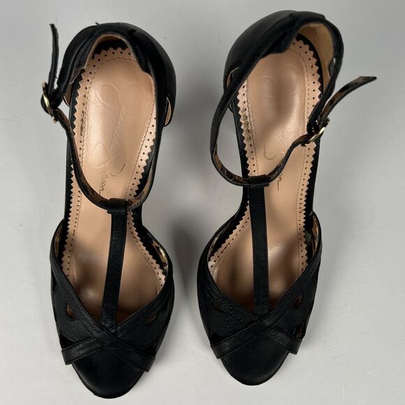 Jessica Simpson Jeraldine Black Strappy Heels Leather Sandals 4.5" Heel Sz 10M - Picture 5 of 8